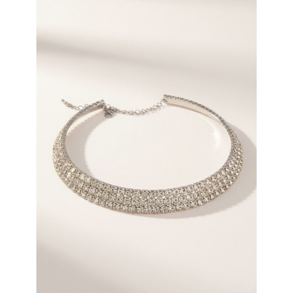 3 Row Rhinestone Choker Silver Tone Crystal Necklace Bridal Prom Statement